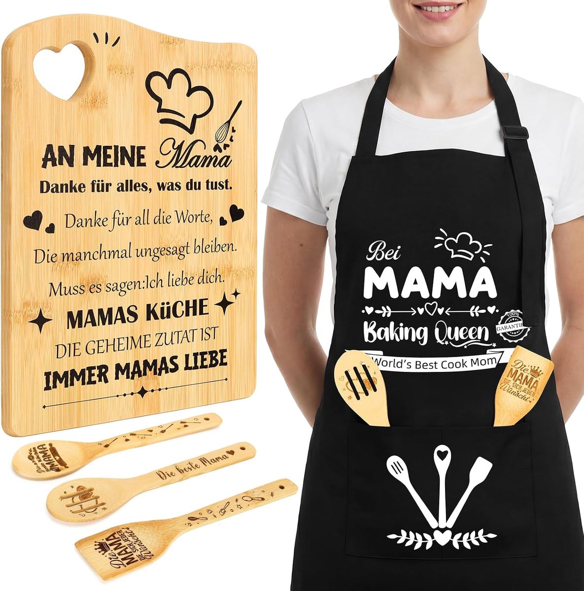 Cadeau voor mama, moederdagcadeau, bamboe houten plank, gepersonaliseerde snijplank met schort en 3 kooklepels, praktisch voor mama, moedercadeaus voor verjaardag