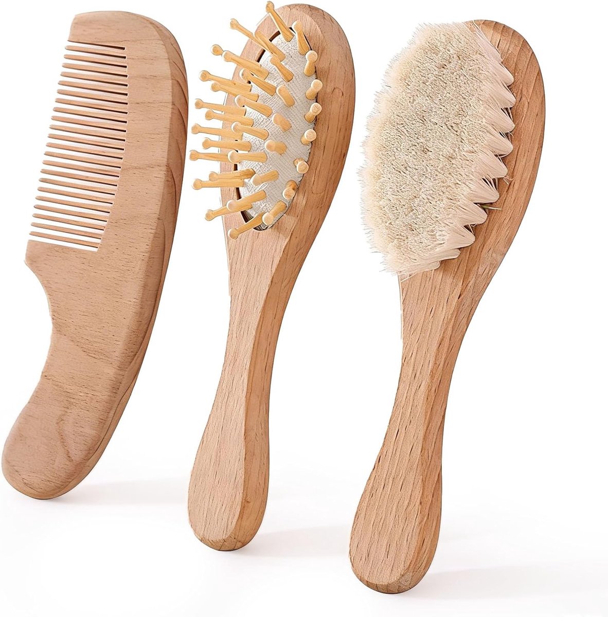 Haarborstel en kamset, natuurlijke houten haarborstel met zachte geitenharen, antistatische houten borstel met ergonomische handgreep, zachte ontwarring voor vrouwen en mannen