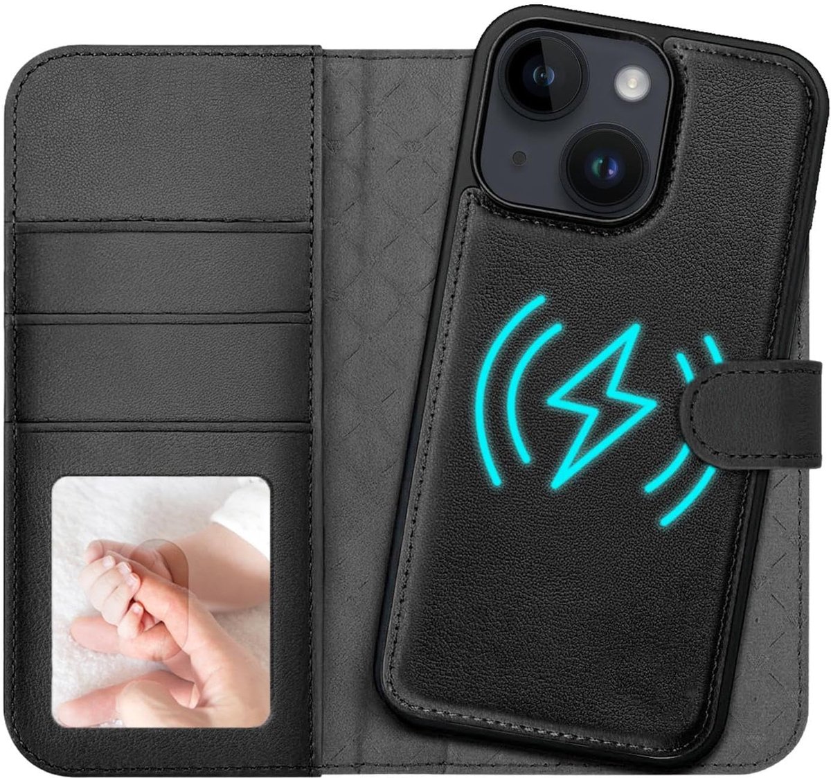 Hoes voor iPhone 14 Case (2-in-1) afneembare magnetische telefoonhoes, draadloos opladen, kaartenvak, RFID-beschermhoes, boekstijl, zwart