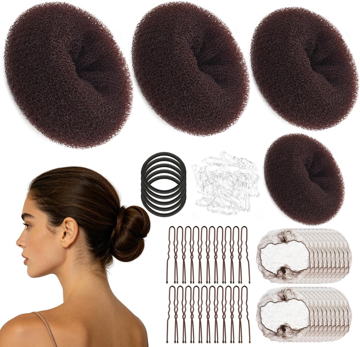 Hair Bun Maker Set 4 Stuks Haarbun Shapers met 5 Hoge Elastische Zwarte Haarbandjes 20 U-vormige Haarspelden 20 Onzichtbare Haarnetten 50 Transparante Kleine Elastische Haarbandjes (Donkerbruin)