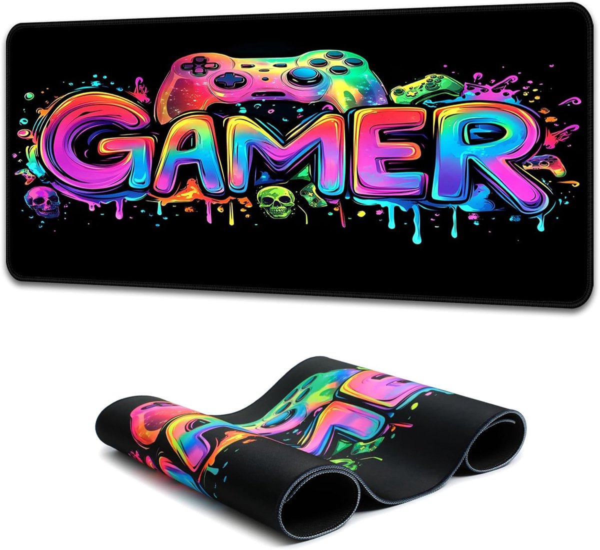 Muismat, Blacklight Kleurrijke Gaming Schedel, Waterdichte XL Bureaumat met 3mm Antisliprubberen Basis voor Kantoor en Thuis – 80 x 30 cm