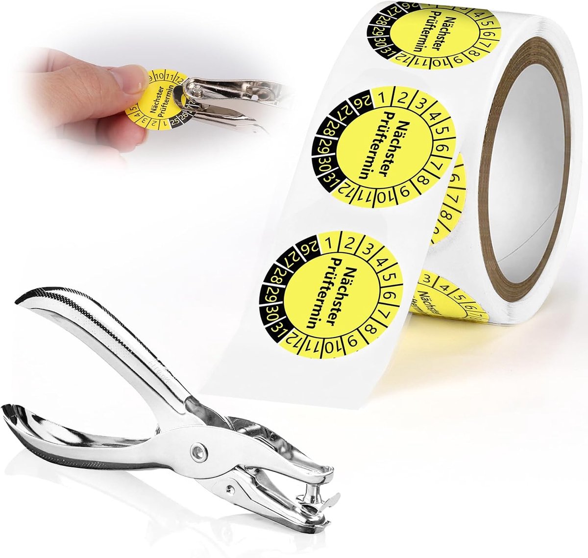 V3 teststickers, 100 stuks, 20 mm, 1 gatentang, teststickettang, rond gat 3 mm, set testplaatjes, TÜV-plakker, zelfklevend, geel, volgende testdatum teststicker, elektrisch