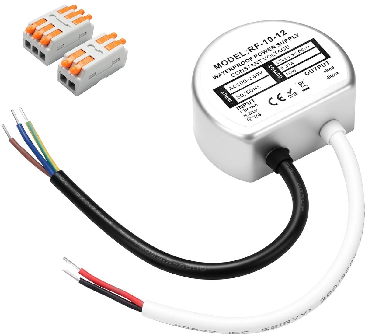Transformator 230V naar 12V DC, 10W 0,83A, IP67 Waterdichte LED Voeding Rond Ø57mm met 2 Connectoren voor LED Strips, Spots en Buitenverlichting