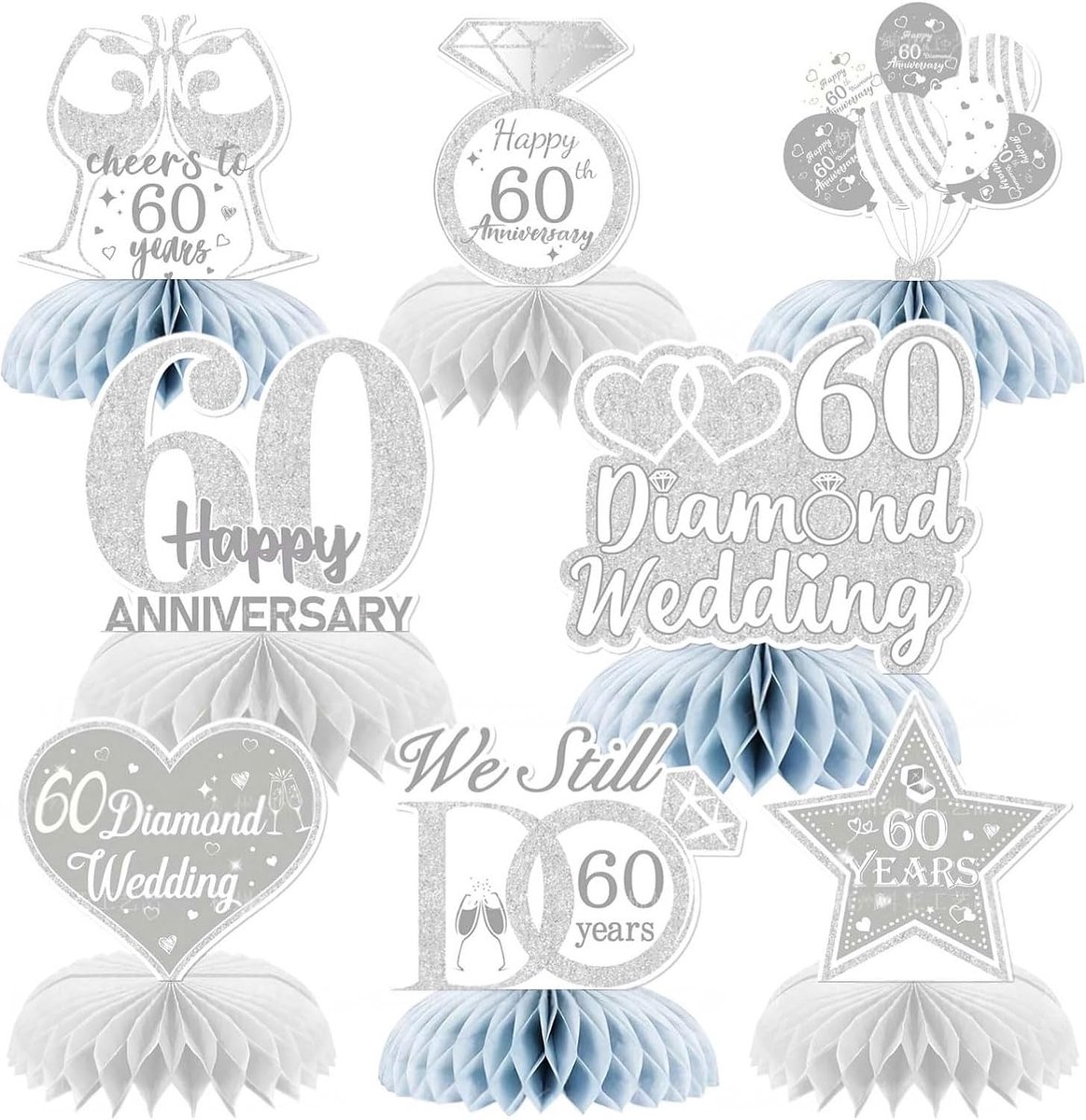 8 Stuks 60e Diamant Huwelijksjubileum Tafel Honingraat Middenstukken Versieringen, Romantische 60e Huwelijksfeest Genot Van 60 Jaar