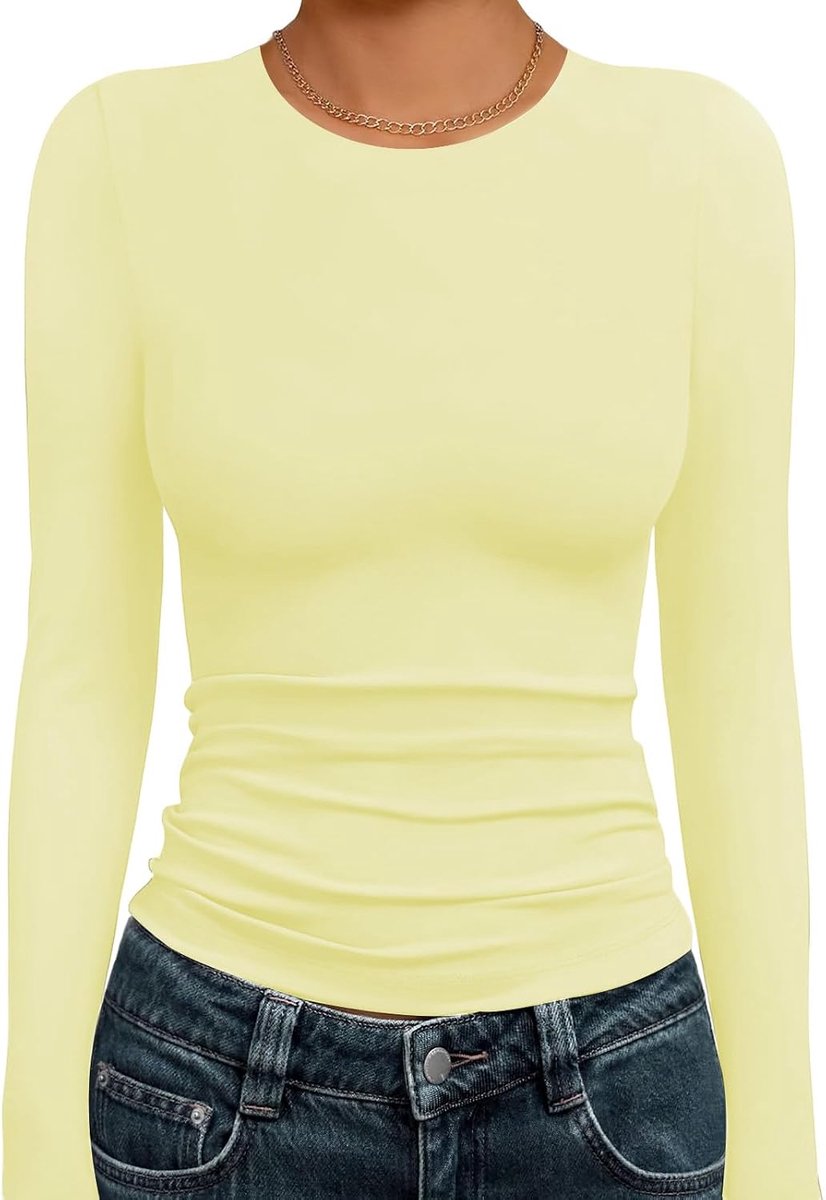 Shirt met lange mouwen voor dames, elegante ronde hals, nauwe gebreide trui voor dames, geribbeld, warm houden, basic effen top met lange mouwen