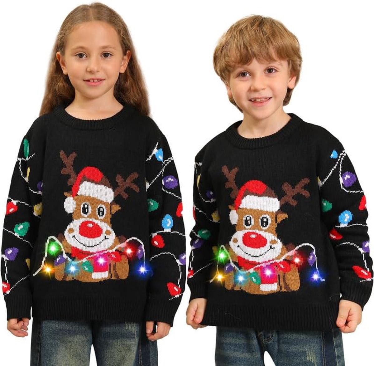 Kersttrui voor kinderen met lichtjes, grappig, ronde hals, kersttrui voor het gezin, ledlicht, ugly Christmas sweater voor kinderen, meisjes en jongens