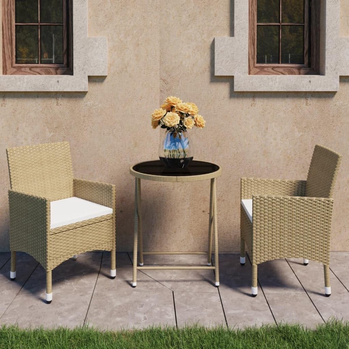 3-delig. Tuin bistroset poly rotan met beige stalen frame en gehard glas, inklapbaar voor balkon en achtertuin, inclusief zitkussen voor ergonomisch comfort, max. 110 kg per