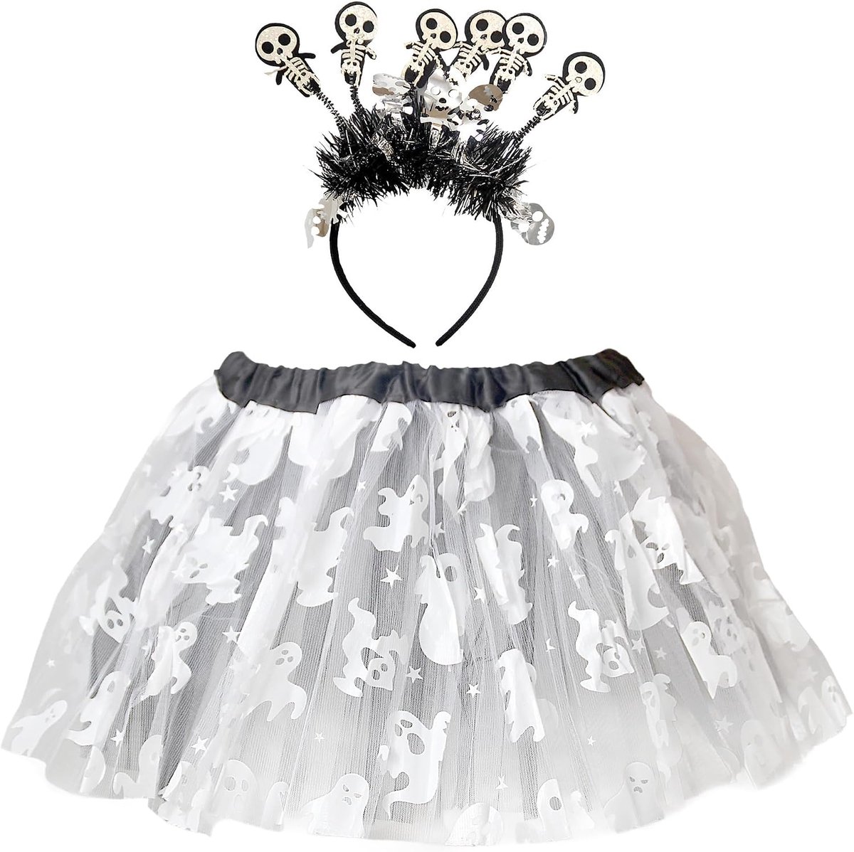 Halloween-kostuum voor dames, volwassenen, tule, pompoen, spook, skelet, tutu met hoofdband voor carnaval, heks of themafeest