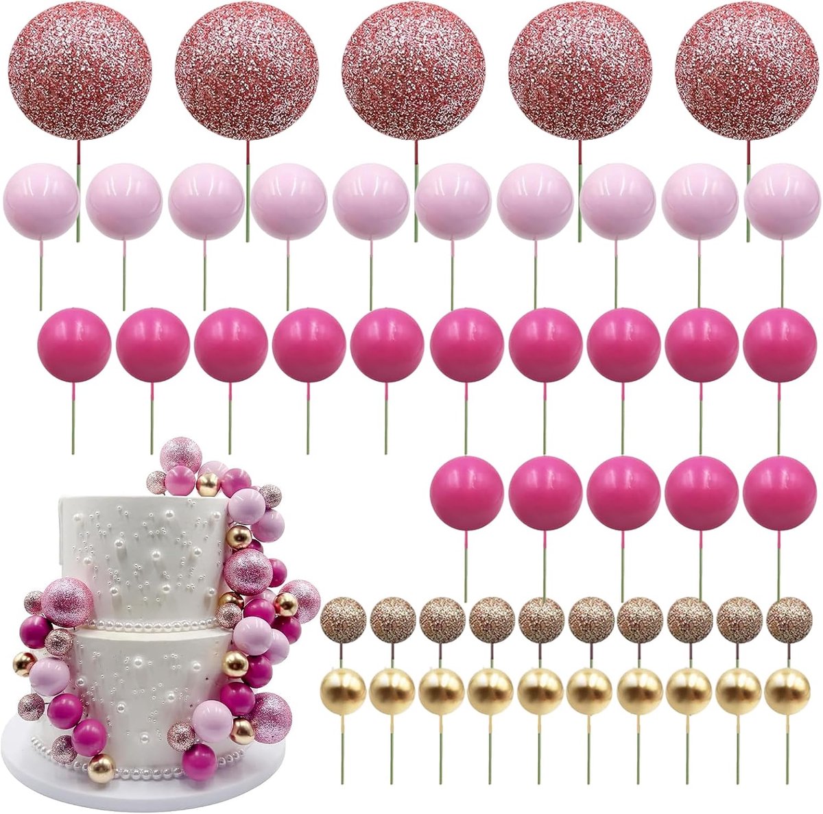 50 stuks ballen voor taart, verjaardag, bal, decoratie, taart, verjaardag, taartdecoratie, voor verjaardagstaart, bruiloft, gebak, bruiloft, feest, feest, serie roze