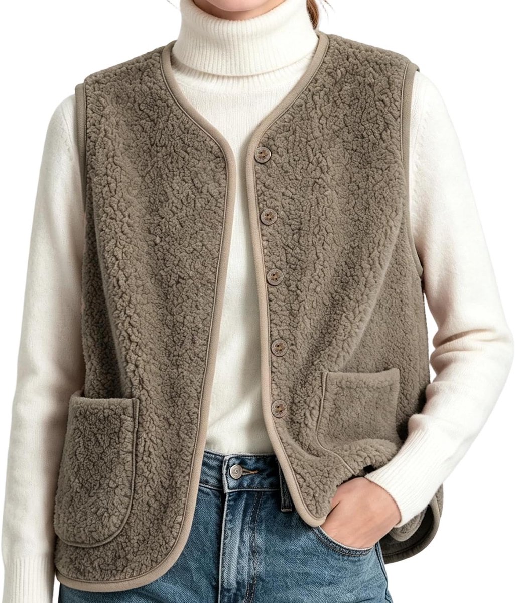 Mouwloos damesvest, mouwloze damesjas, fleece, donsjack, zacht, warm, modieus, bontvest, wol, winter, casual vest
