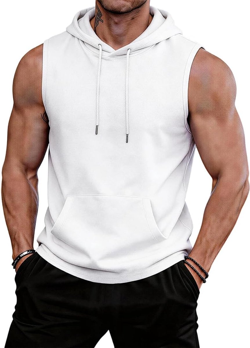 Tanktop voor heren, met capuchon, mouwloos, tanktop met kangoeroezak, tanktop voor heren, sport, fitness, krachttraining, sportschool, vakantie