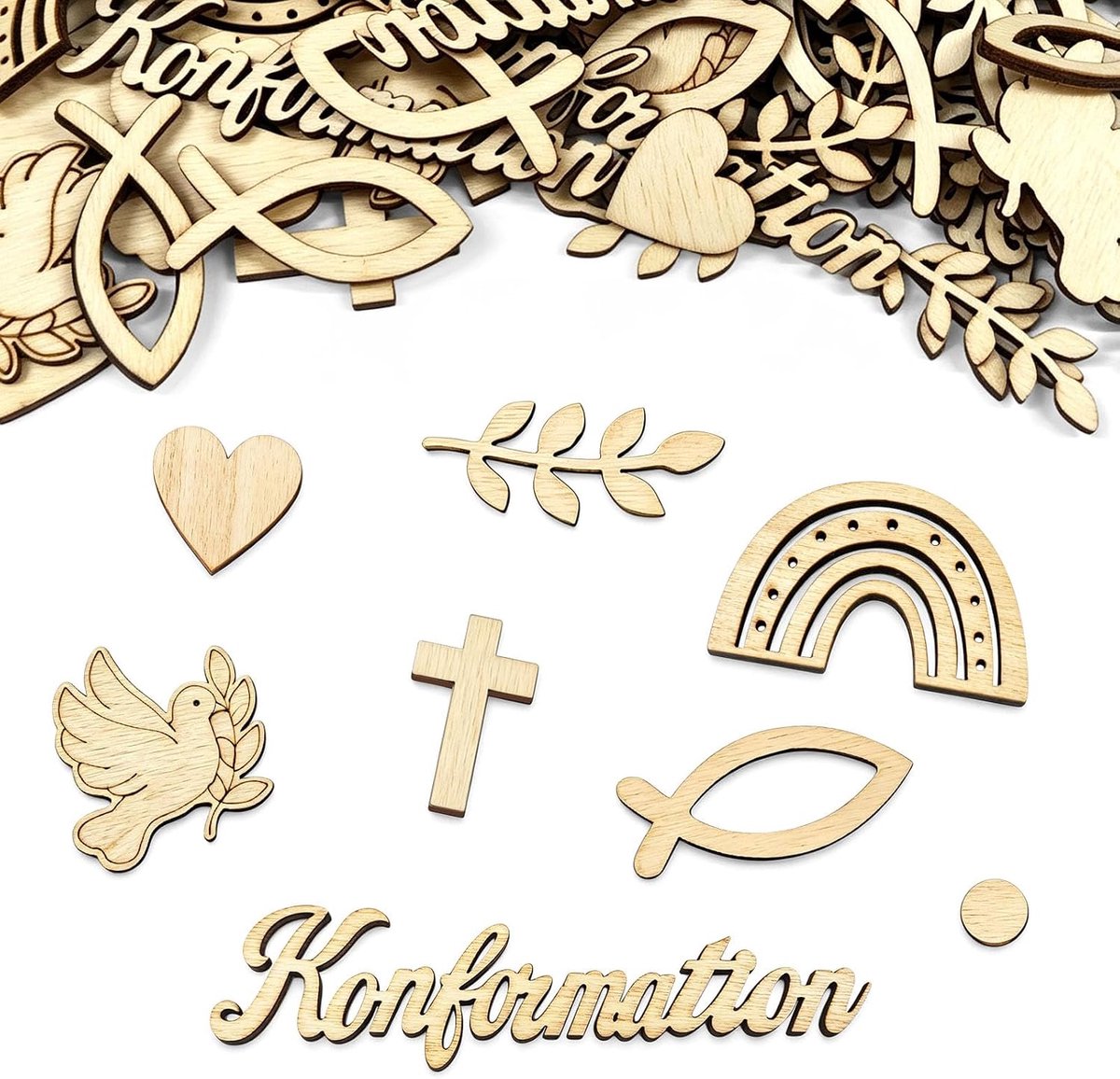 Strooidecoratie, 120 stuks, hout met vis, kruis, duif, oren, hart en opschrift, strooidecoratie voor jongens en meisjes, houten confetti voor tafeldecoratie, feest, communie, jeugd