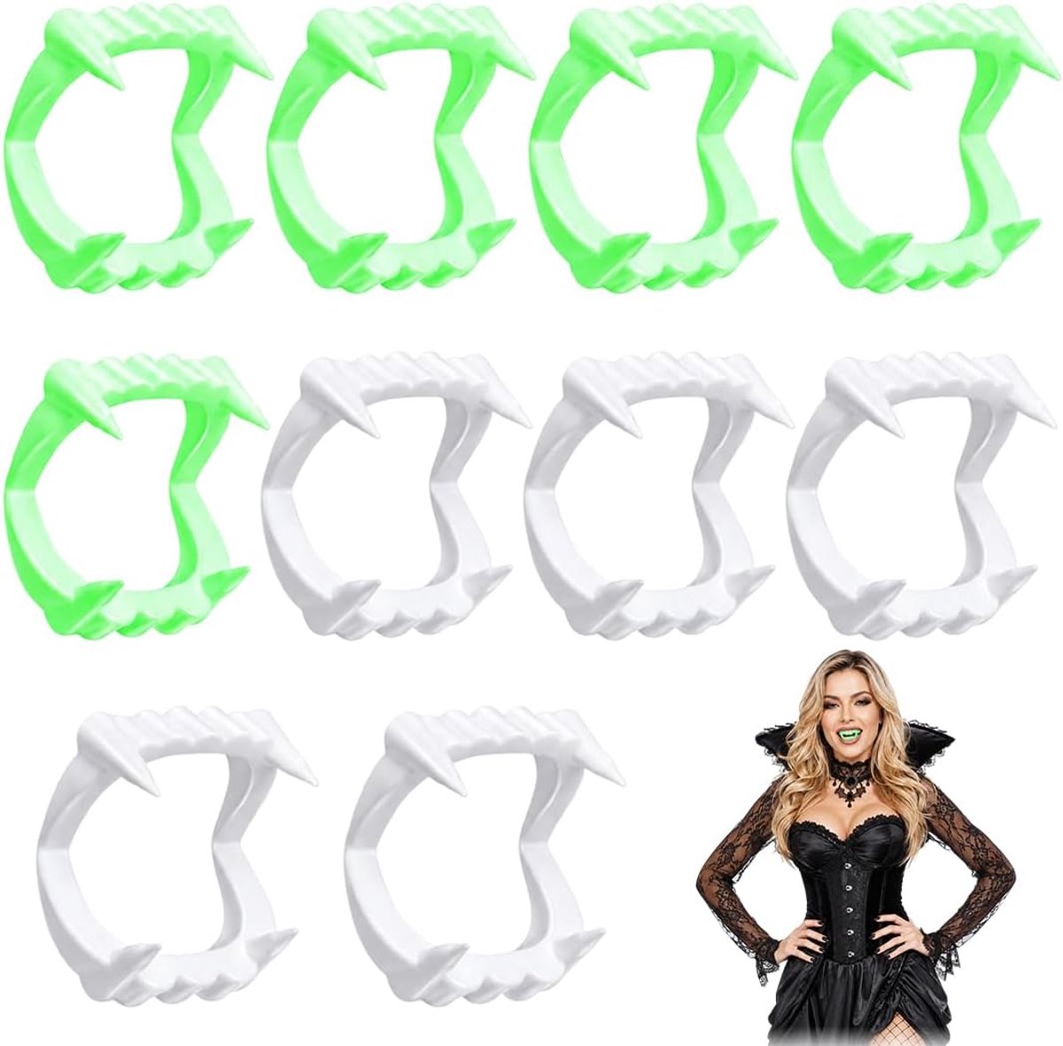 10 stuks vampiertanden, kostuumaccessoire voor Halloween en carnaval (wit + glow-in-the-dark)