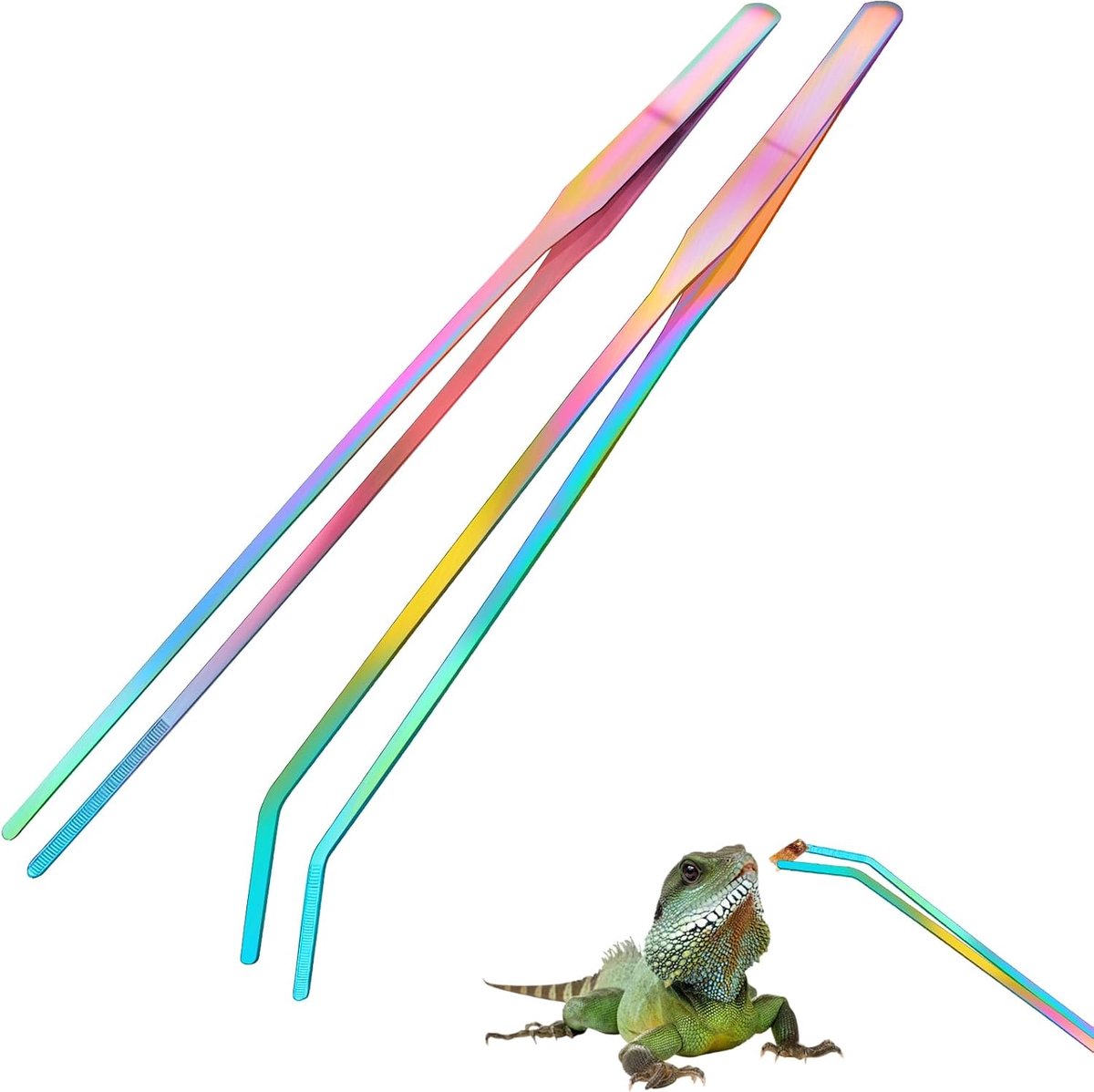 2 stuks aquariumpincetten, lange set, 27 cm, roestvrij staal, rechte pincet en gebogen punt, terrarium-accessoires voor reptielen, hagedissen, spinnen, slangen, waterplant (zilver)