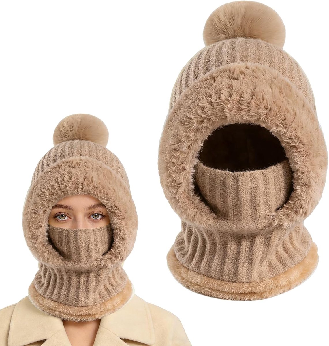 Bivakmuts voor dames, 3-in-1 pluche thermo-skimasker met volgelaatsmasker en sjaal, winddichte beanie, gebreide muts, ideaal voor winterkleding, outdoor en fietsen