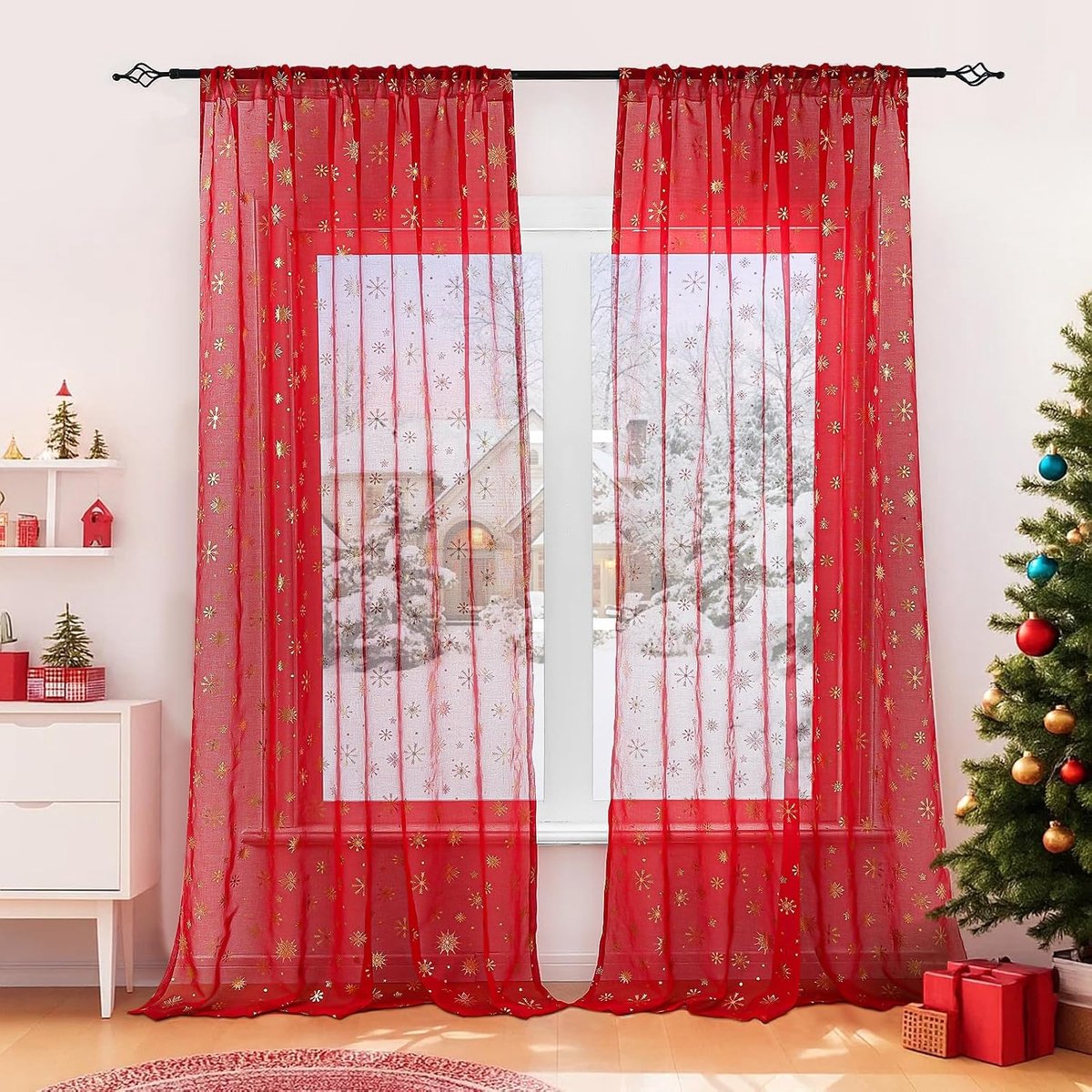 Kerst doorschijnende gordijnen 247 cm lengte 2 panelen set, lichtfilterende raambekleding met goudfolie patronen voor woonkamer slaapkamer, 55x97 inch