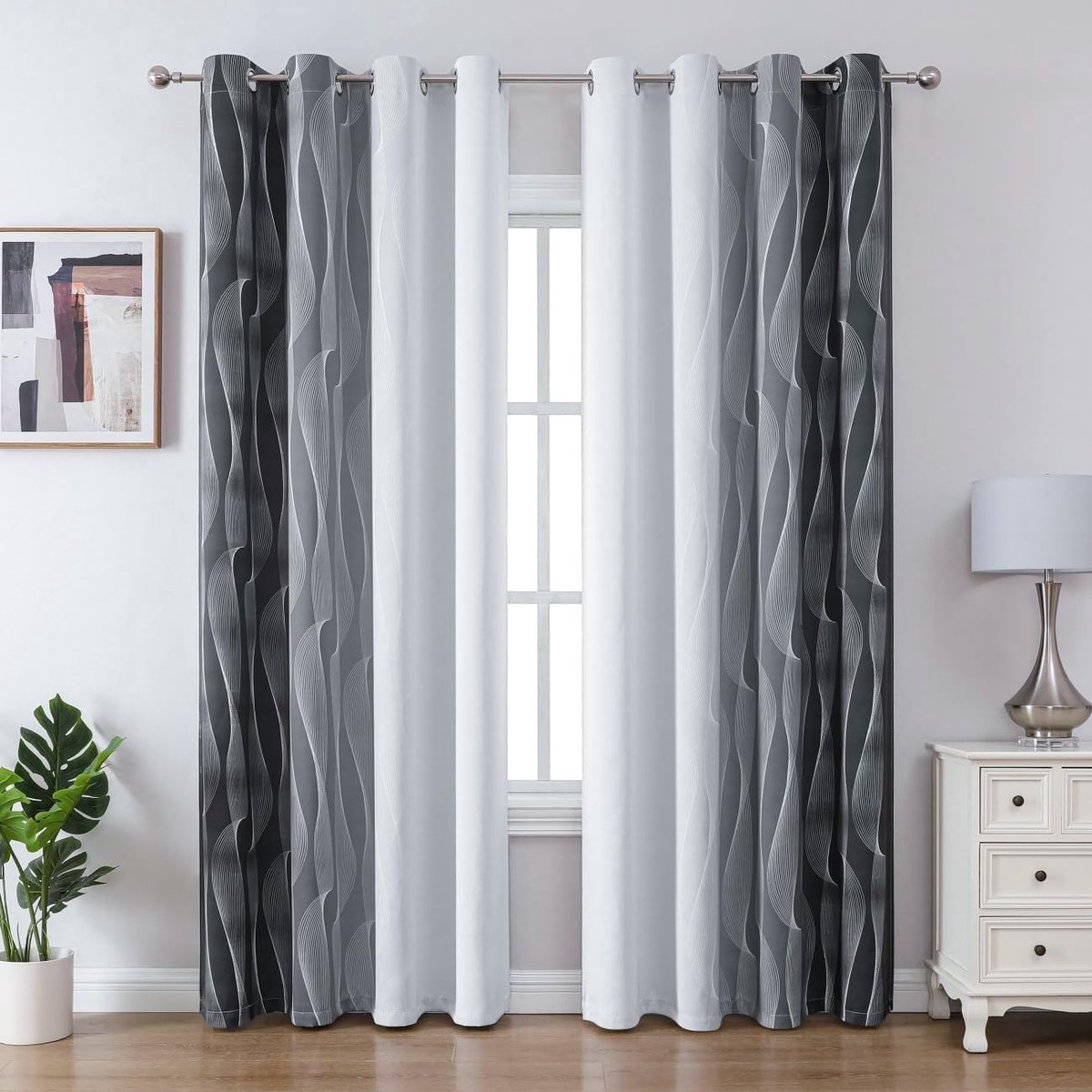 Ombre dim-out gordijnen met ringen, golfprint, 2 stuks, 132 x 183 cm
