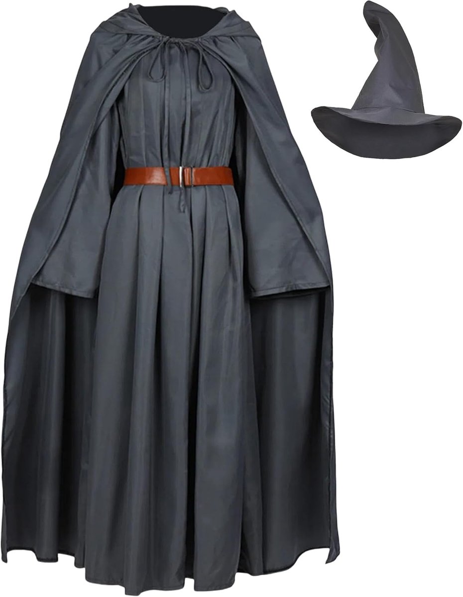 Cape Robe met capuchon, tovenaarsrobe, lange tuniek en riem, set cosplay kostuum heren