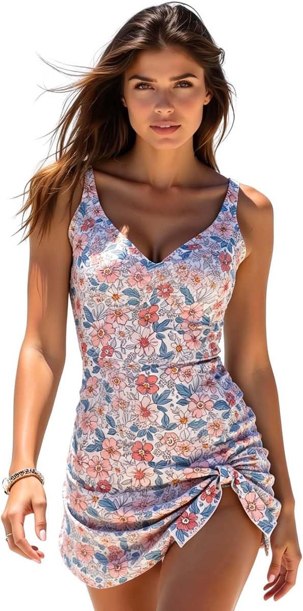Eendelig badpak voor dames, buikcontrole, V-hals, push-up, elegant met metalen stropdasknopen