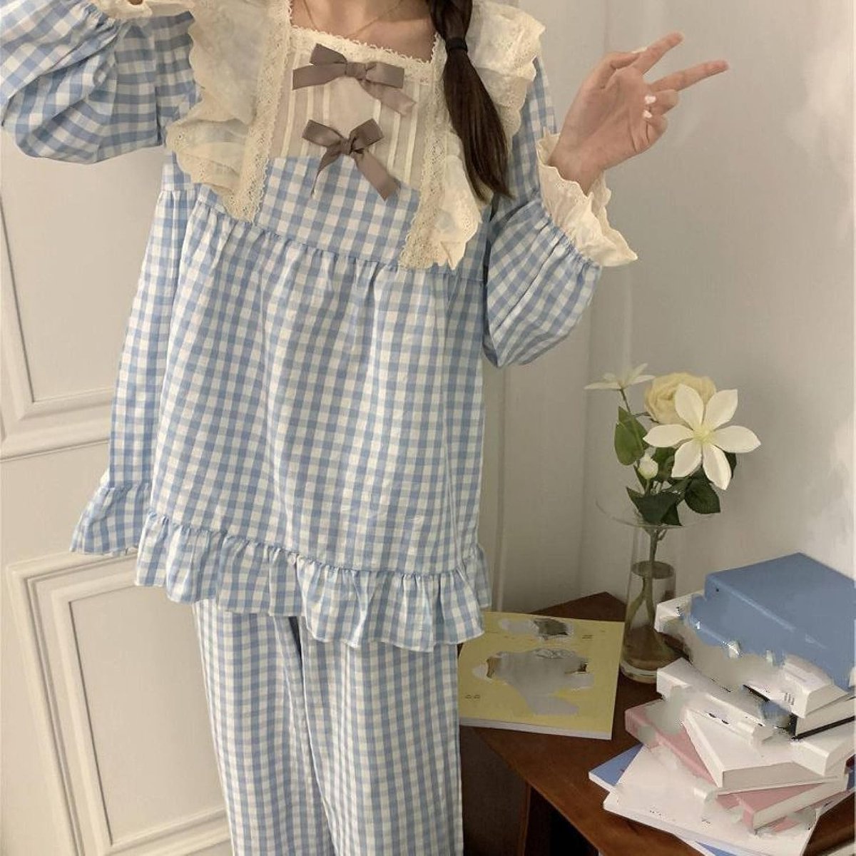 Lente Ruches Pyjama Set - Mode Vierkante Kraag Lange Mouw Zoete Plaid Print Loungewear Tweedelige Set,Mode Zachte Kant Nachtkleding Knop Omhoog Versie Nachtkleding Lounge-Outfit,Blauw,One Size
