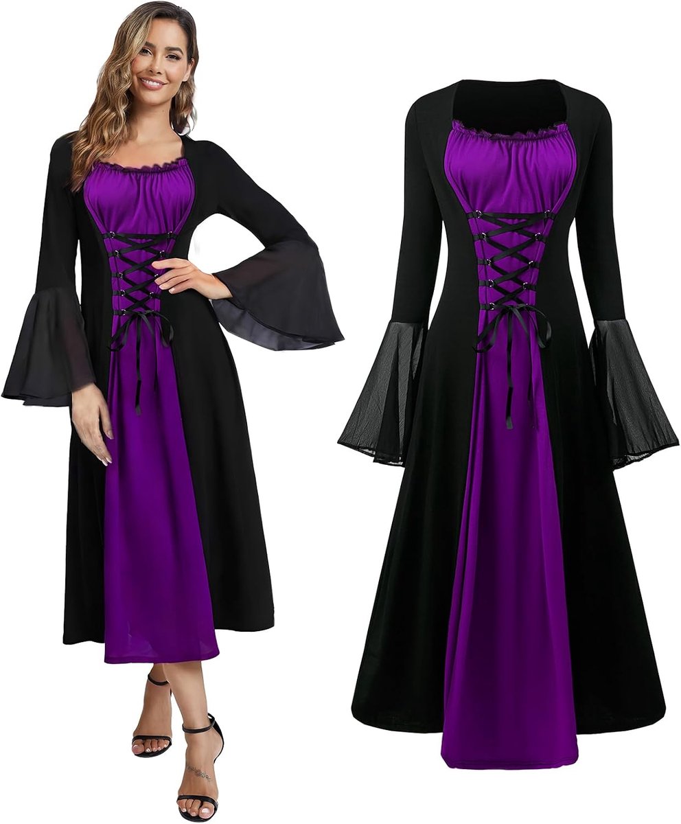 Renaissance-kostuum voor dames, middeleeuwse jurk met trompetmouwen, gothic, steampunk-jurk, Halloween, carnaval, Halloween, feest, vampier, cosplay