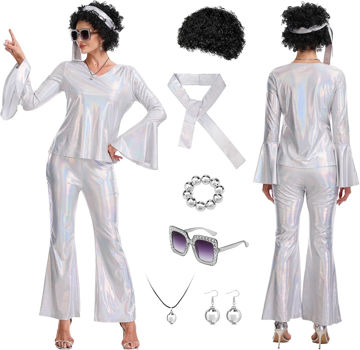 9-delige discooutfit voor dames, jaren 60/70-kostuum voor dames, met top en broek, accessoires voor carnaval, Halloween, feestjes