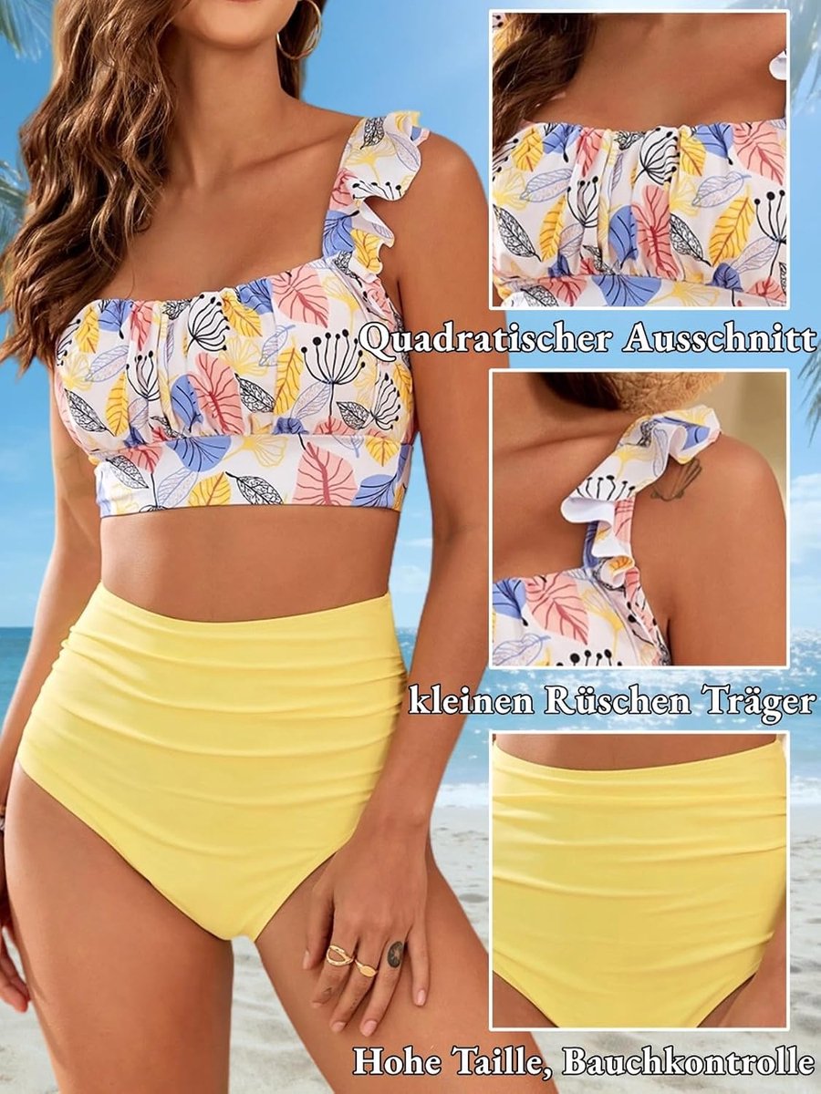 Dames set buikweg tweedelige ruches vierkante hals badpak hoge taille push-up tank bikini badmode zwempak
