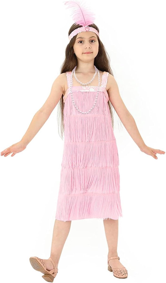 Roaring de 20s Fancy Jurk Kostuum, Meisjes Flapper Jurk met Parel Ketting en Veer Hoofdband, Gangster Flapper Jurk voor Meisjes