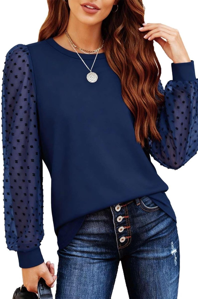 Damesshirt met lange mouwen, elegant bovendeel met kanten mouwen, herfstshirt voor kantoor en casual