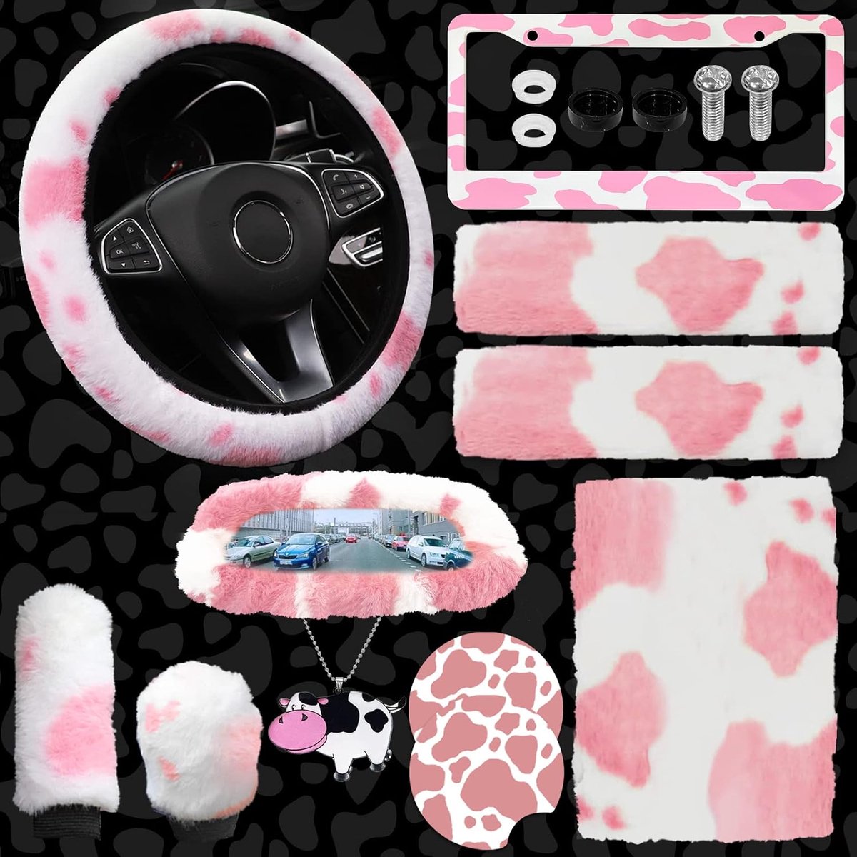 11 11-delige pluizige auto-accessoireset - pluche stuurwielhoezen, zachte fleece handrem & schakelhoezen, antislip autoversiering (roze)