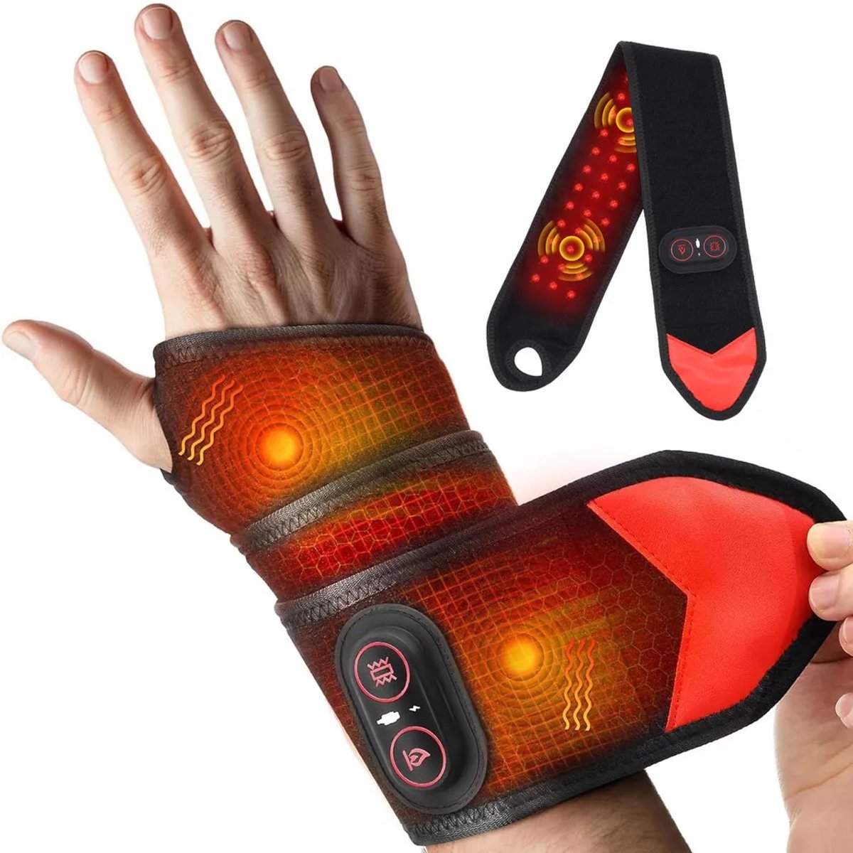 Deze handmassage-unit is voorzien van een roodlichtfunctie, een verwarmde polssteun en verwarmingskussens voor de elleboog, pols en enkel, met drie verwarmingsstanden.