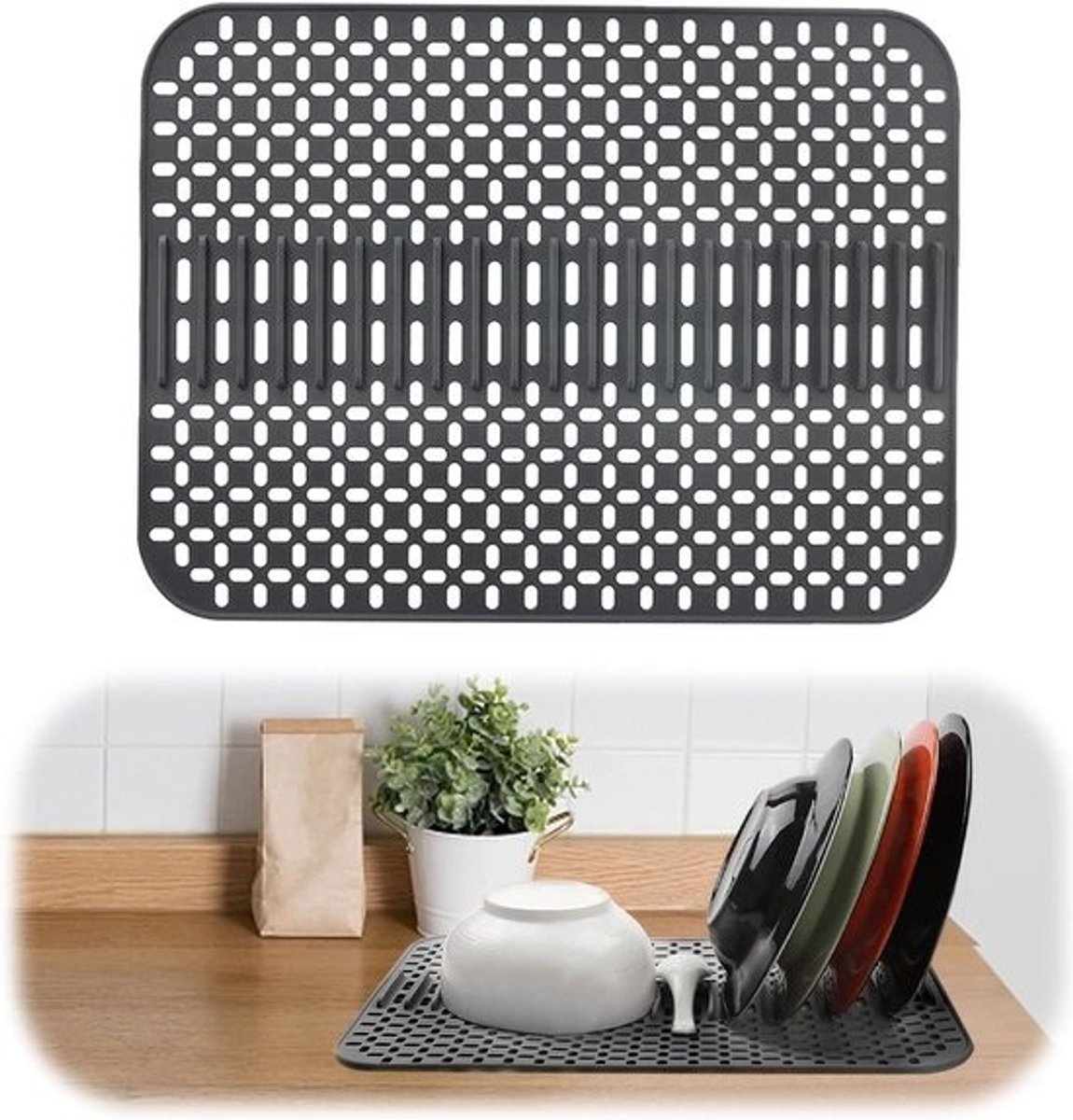 Spoelbakmat op maat - keuken - siliconen - hittebestendig - antislip - donkergrijs 43 x 32 x 11 cm