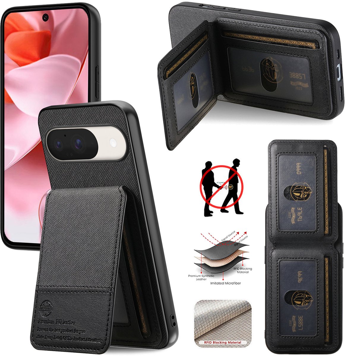 Luxe Backcover met Anti-RFID Kaarthouder en Standaardfunctie voor Google Pixel 10 / 10 Pro _ Zwart