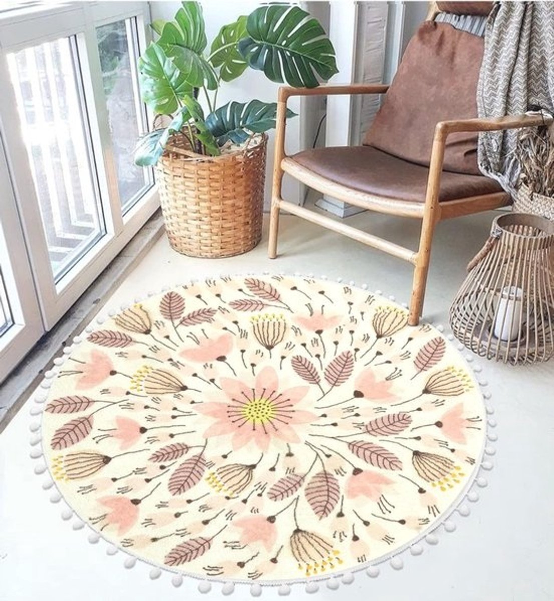 Rond Tapijt 3' Cirkel - Wasbaar en Antislip voor Slaapkamer en Badkamer met Pom Poms en Bloemen