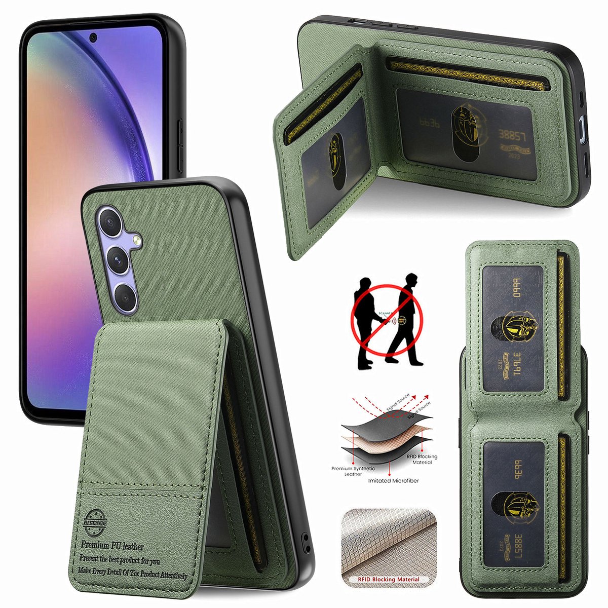 Luxe Backcover met Anti-RFID Kaarthouder en Standaardfunctie voor Galaxy A17 4G/5G _ Groen