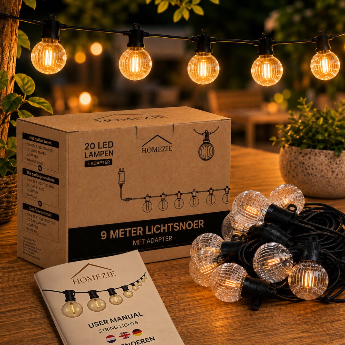 Homezie Lichtsnoer | 9 meter met 20 kunststof LED-lampen | IP65 Waterdicht | Dimbaar | Timer | Lampjesslinger | Tuinverlichting | Lichtsnoer buiten | Prikkabel
