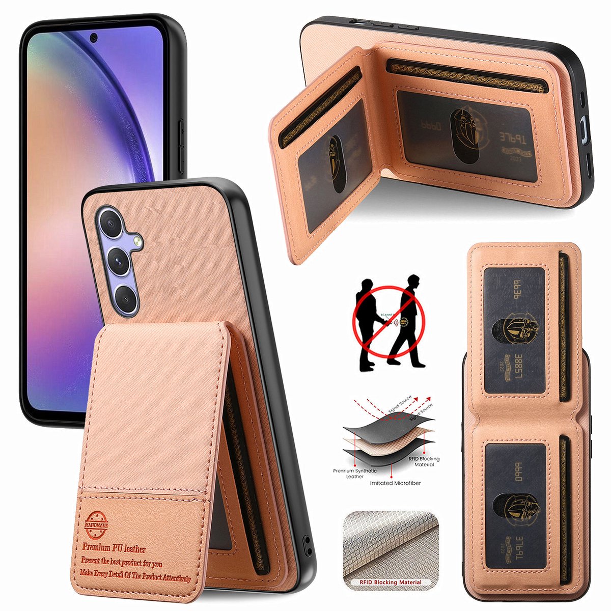 Luxe Backcover met Anti-RFID Kaarthouder en Standaardfunctie voor Galaxy A17 4G/5G _ Roze