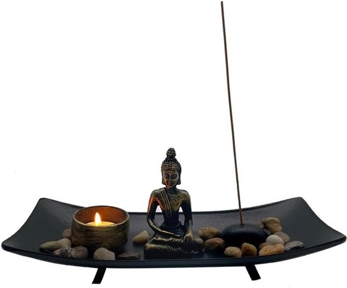 Decoratieve Boeddha-standaard voor Japanse wierookstokjes - Zen-tuin met decoratieve steentjes - Meditatie en ontspanning
