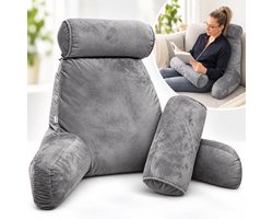 Q-Living Leeskussen XL - Memory Foam Relax Kussen voor in Bed - Zitkussen met Extra Nekrol & Onderrug Ondersteuning - Bookseat - Fluweel Grijs