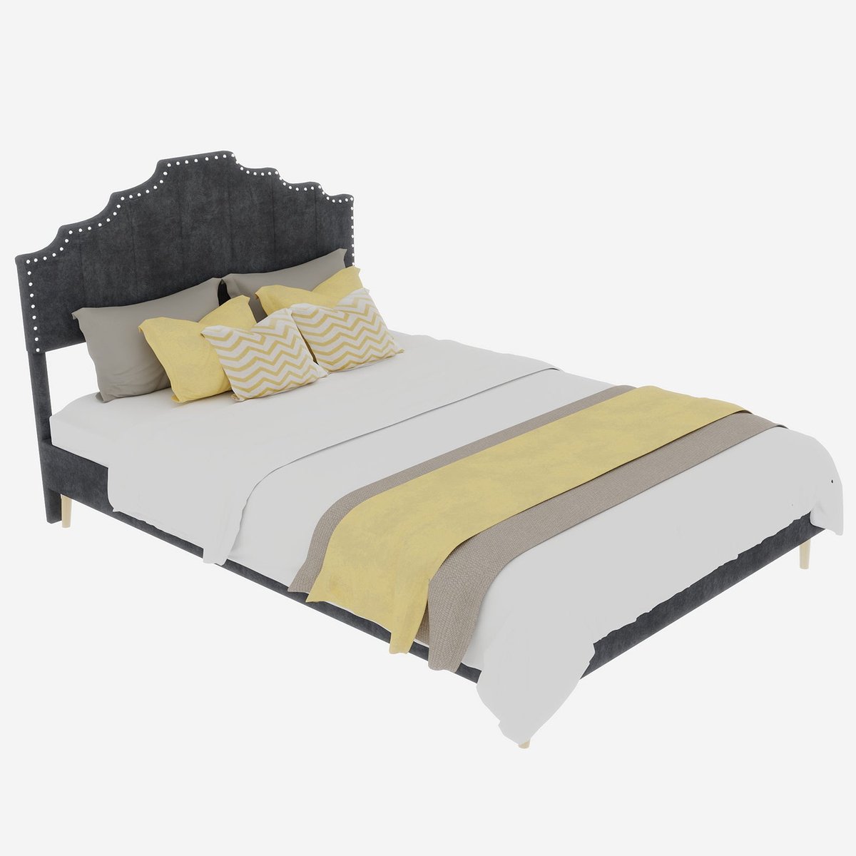 Merax Gestoffeerd Bed 160 x 200 cm met Hoofdbord - Fluwelen Stof - Metalen Frame - Houten Lattenbodem - Grijs
