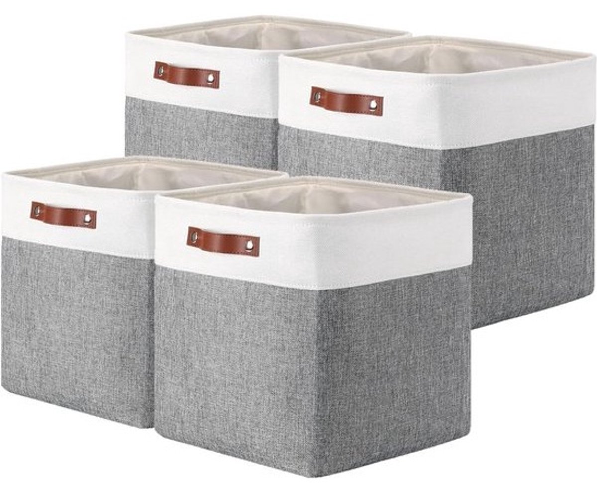 Ruime opbergdozen - Set van 4 - Grijze/witte opbergmanden - Voor planken en organisatie - 25 x 25 x 25 cm
