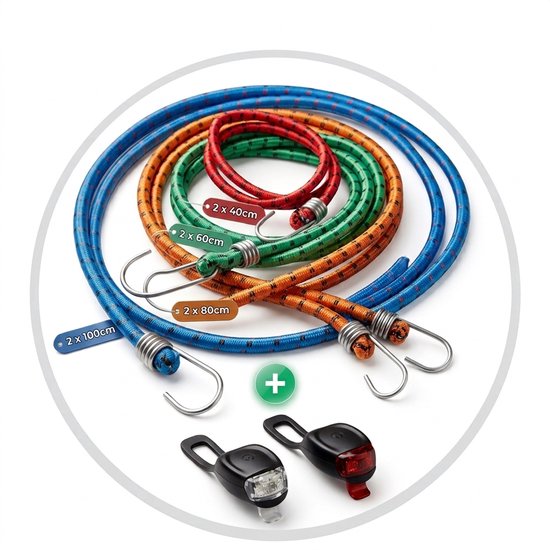 Bundel van 8 spanbanden met haken in blauw, oranje, groen en rood. Variërende lengtes: 2x 100cm, 2x 80cm, 2x 60cm, 2x 40cm. Inclusief voor- en achterlicht.