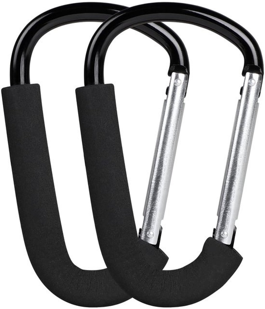 Dailygoods - LALAGO 2 stuks universele haken voor kinderwagen, 16 x 10 cm, multifunctionele karabijnhaak, tashaak met beschermbekleding, kinderwagenhaak, clip haak stroller organizer