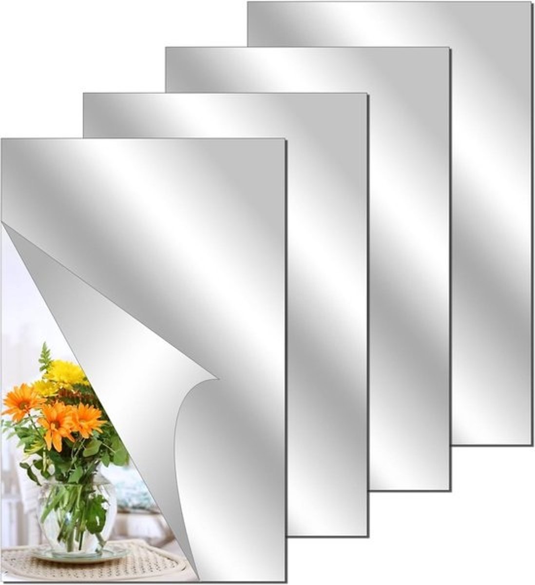 Set van 4 zelfklevende spiegels zonder glas - flexibele spiegelfolie voor wanddecoratie in badkamer, slaapkamer en woonkamer - 20cm x 30cm