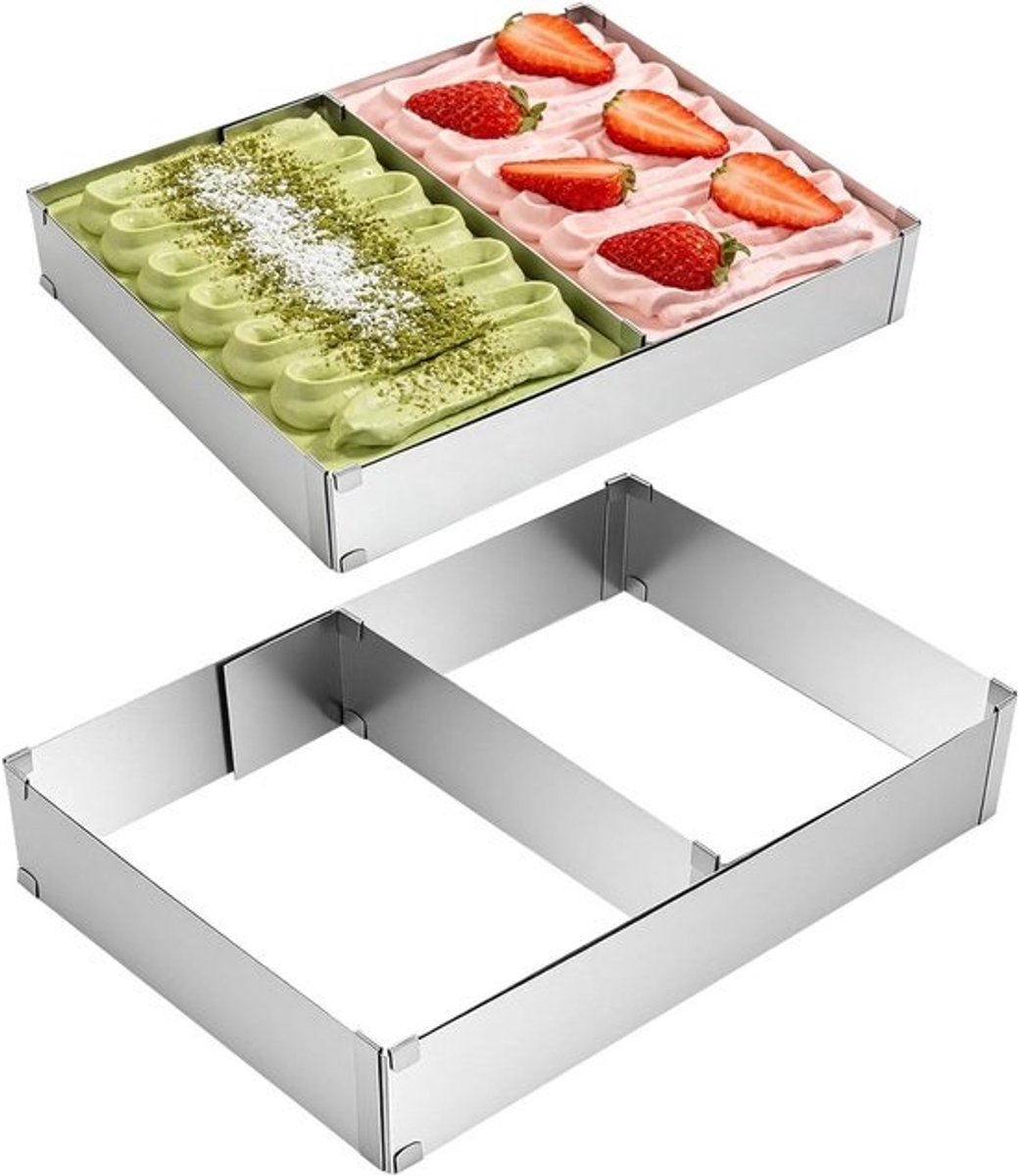 Verstelbare taartvormen set van 2, rechthoekig bakframe met verdeler voor taarten, mousses en pizza's, 5 cm hoog (27-52 cm x 18-34 cm) - ideaal voor bakken, multifunctioneel en roestvrijstaal