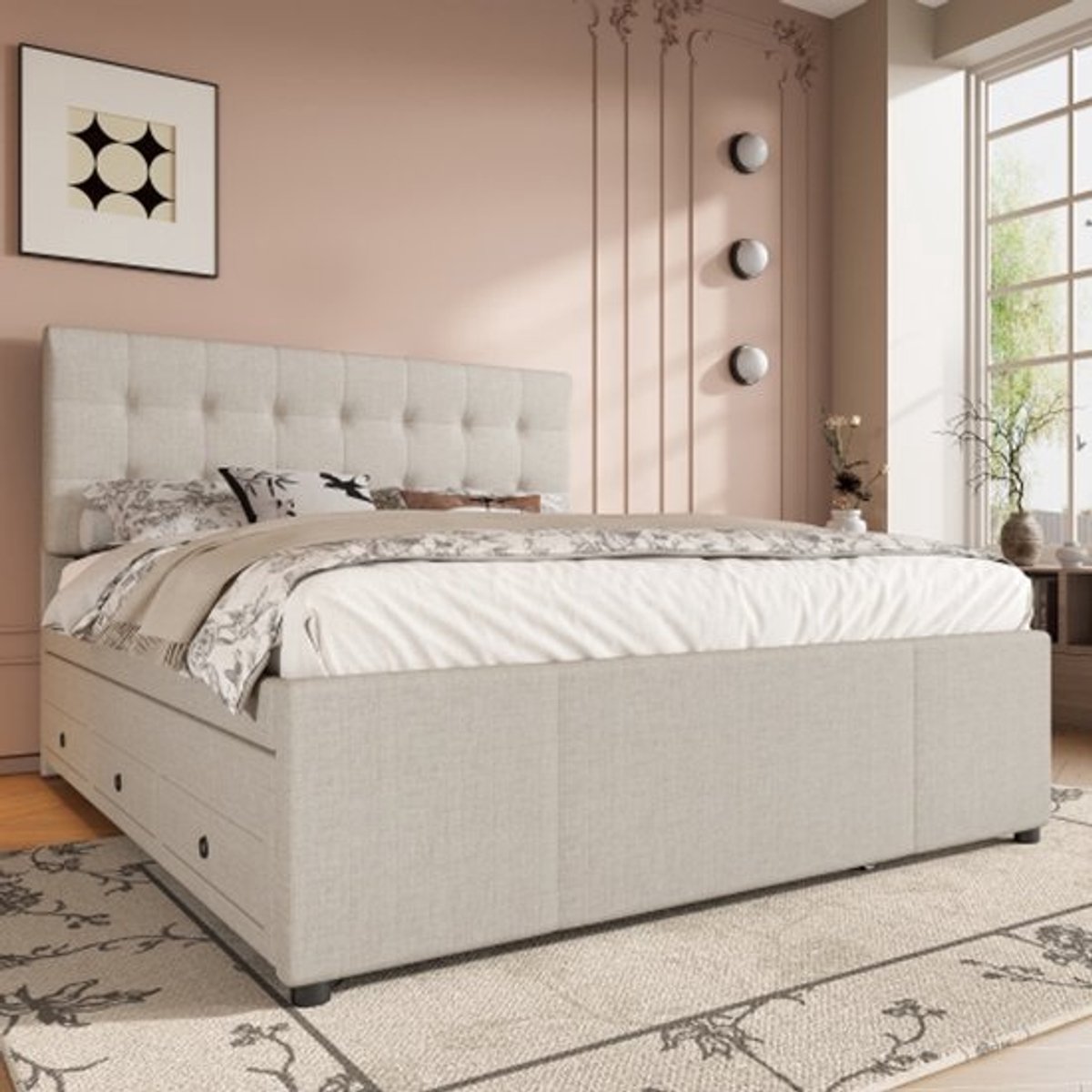 Gestoffeerd tweepersoonsbed - 140 x 200 cm - met opbergruimte en verstelbaar hoofdeinde — cadeau in Cadeau-ideeën - foto 2