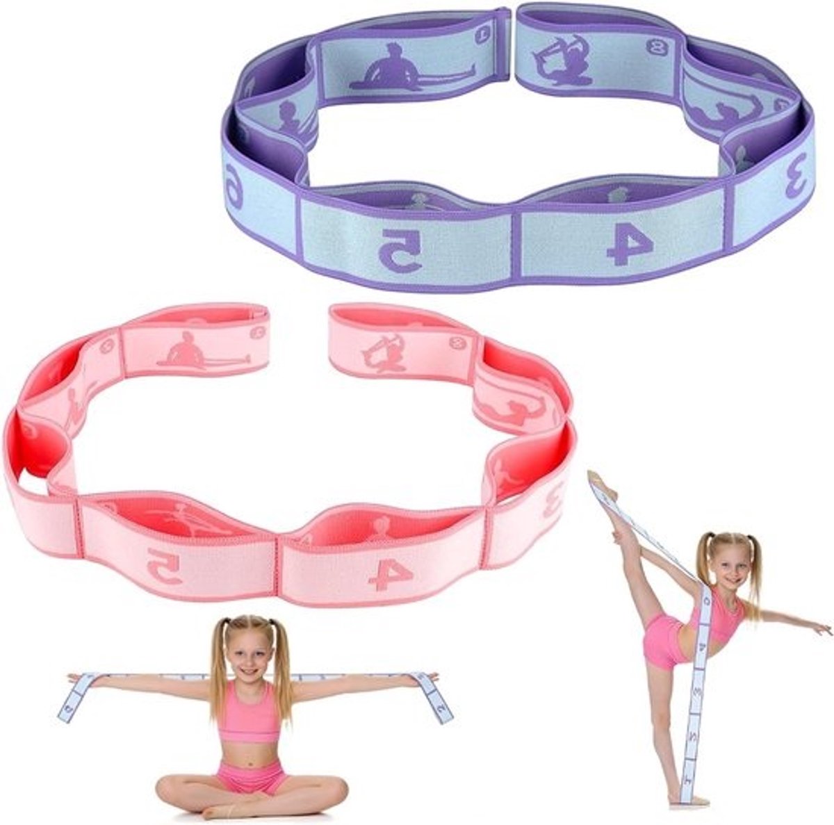 Yogariemen - Stretchband voor gymnastiek - Voor meer flexibiliteit - 8 verstelbare lussen - 90 cm - Blauw, violet en roze