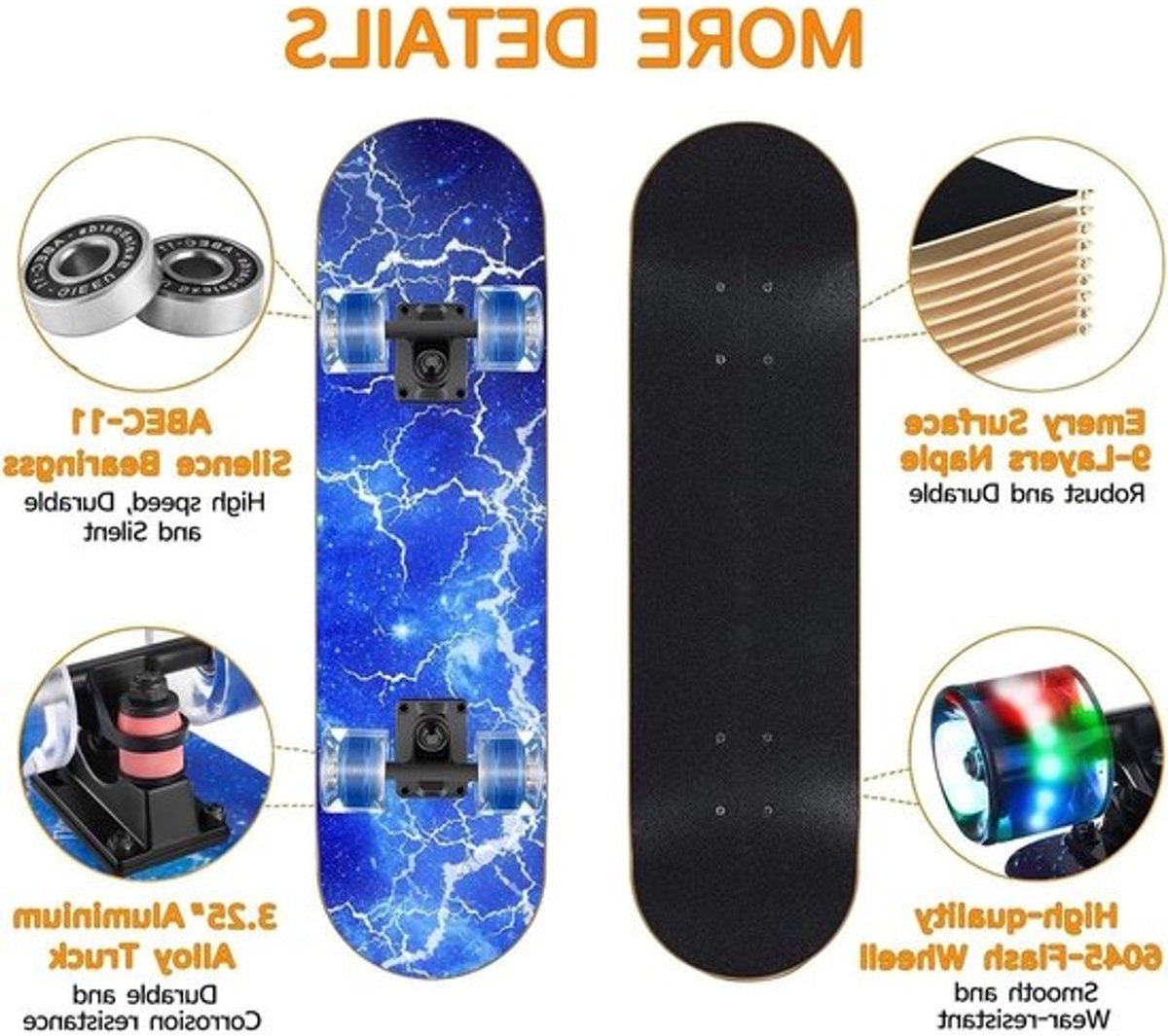 Skateboard met knipperende wielen | beginners, kinderen, tieners, volwassenen | 71 x 20 cm | 9-laags esdoorndek | concave design