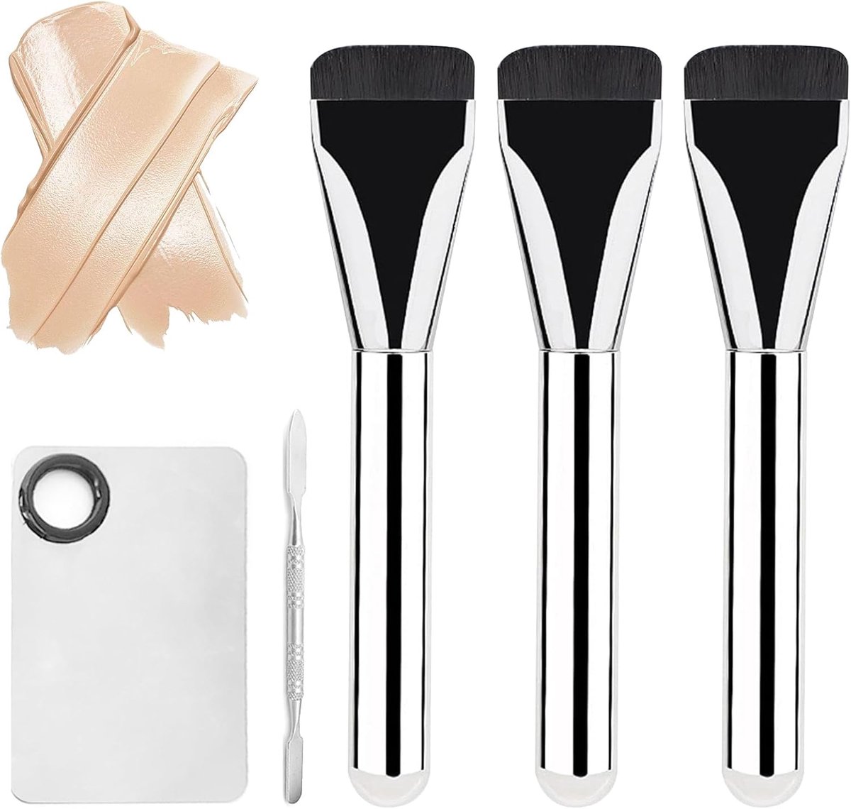 3-delige platte foundationborstel met 1 make-upmengpalet en 1 foundationspatel set, foundation-make-upborstel, vloeibare foundationborstel, cosmetica-applicator met ultradunne borstelharen