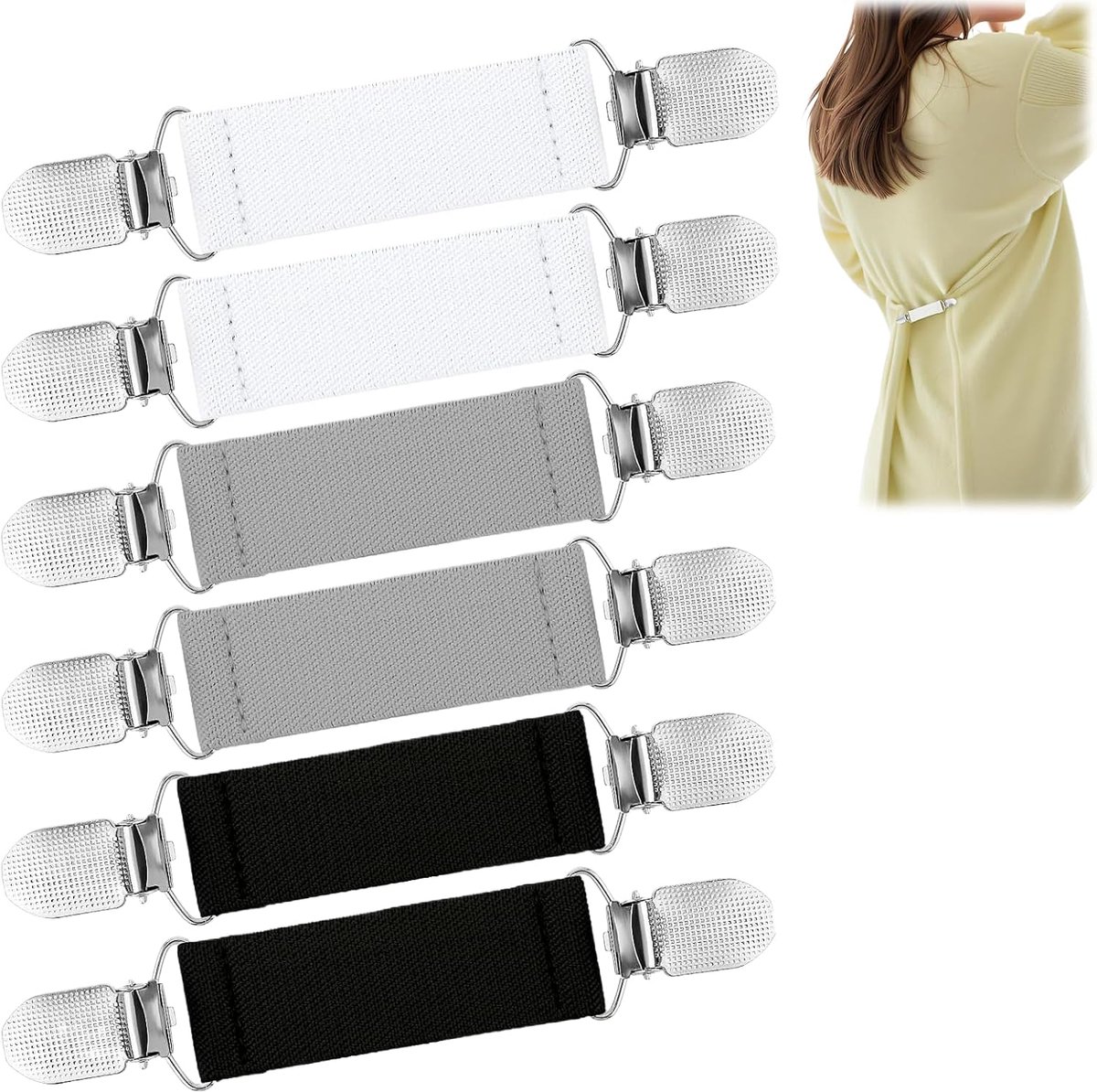 6 stuks truiclips, elastisch, cardiganclips, cardigan bretels, sweater, gebreide jas, clips, damesbretels, elastische clips, voor truien, jurken, overhemden, jassen, wit, 1